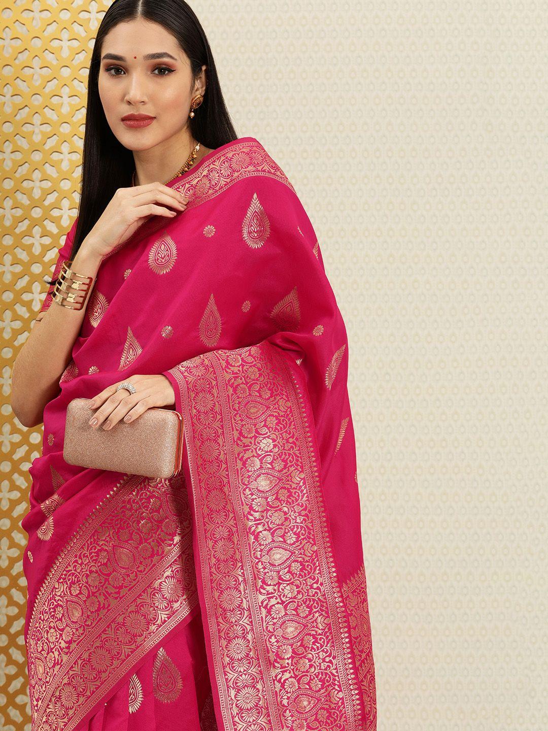 house of pataudi purple & gold-toned ethnic motifs zari silk blend banarasi saree