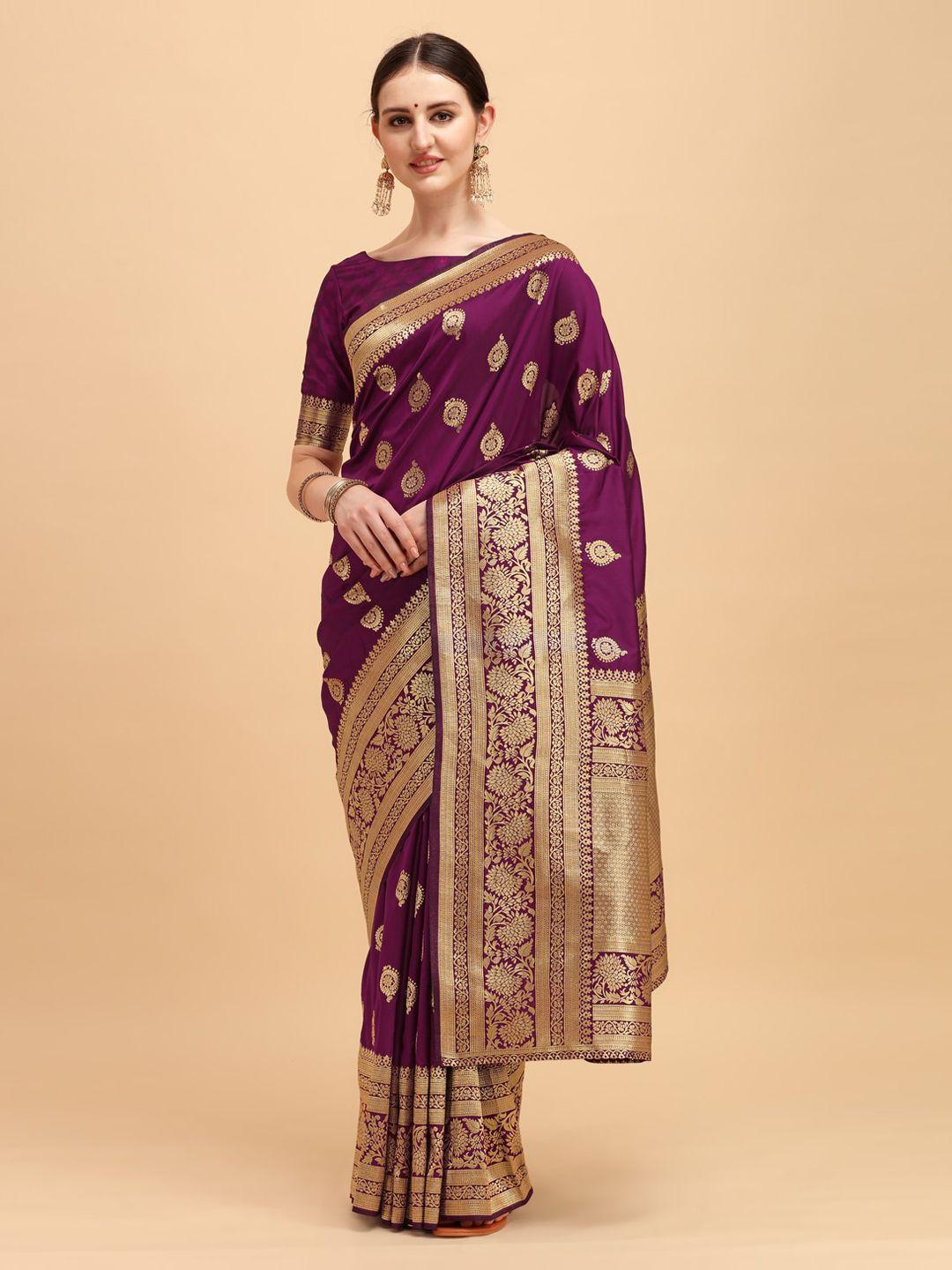 house of pataudi purple & golden ethnic motifs zari silk blend saree