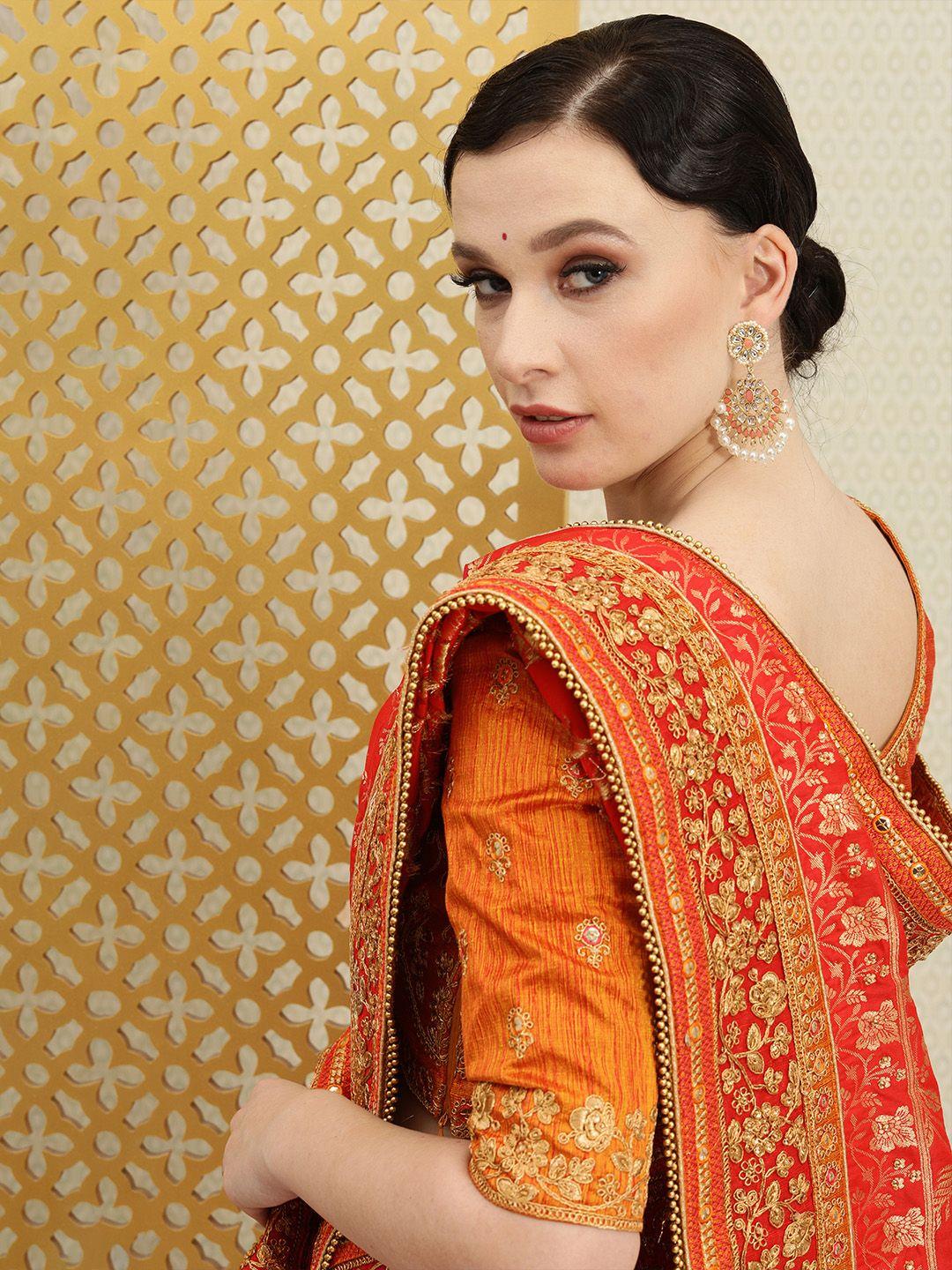 house of pataudi red & gold-toned floral sequinned silk blend banarasi saree