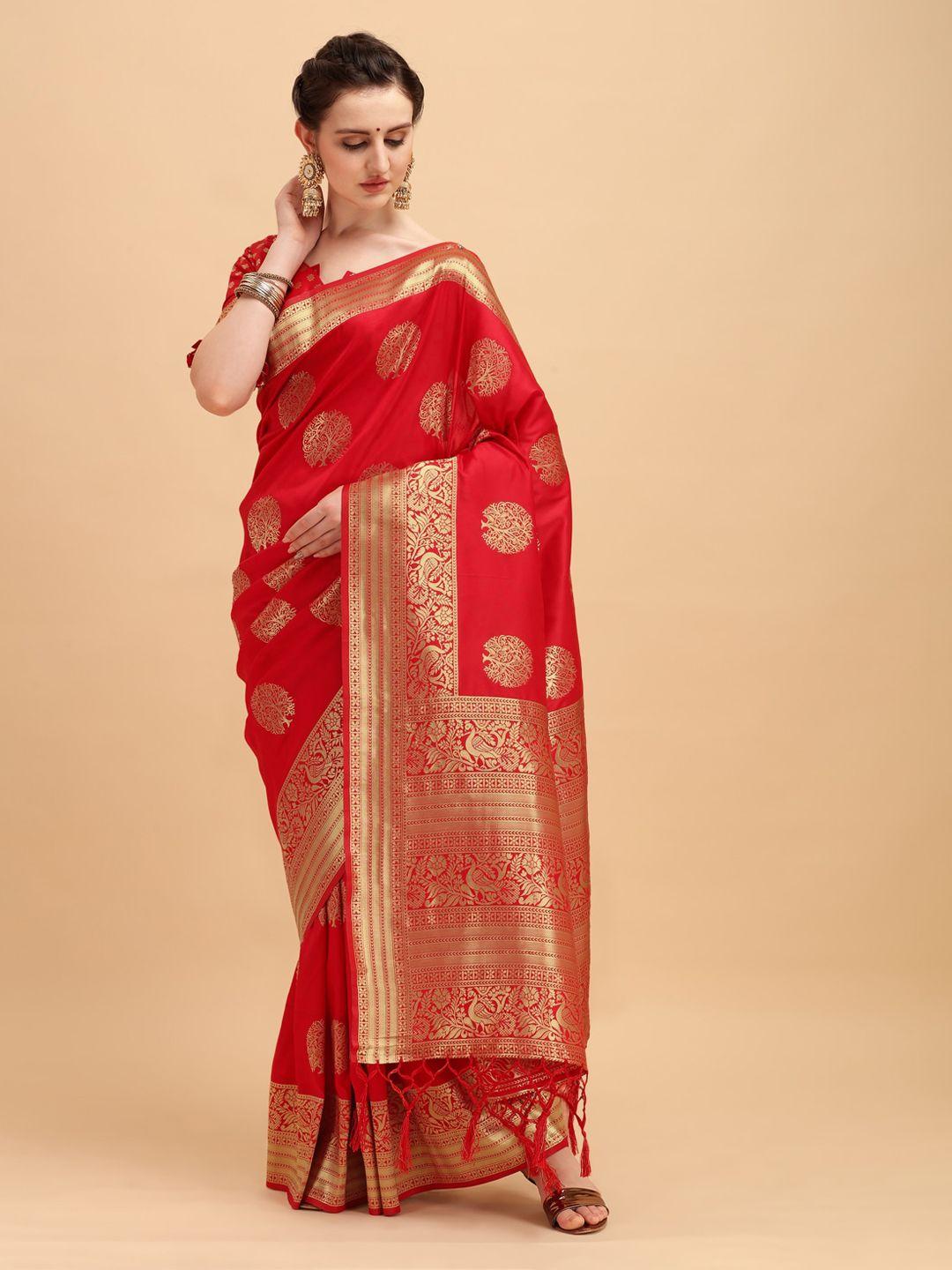 house of pataudi red & golden ethnic motifs zari silk blend saree