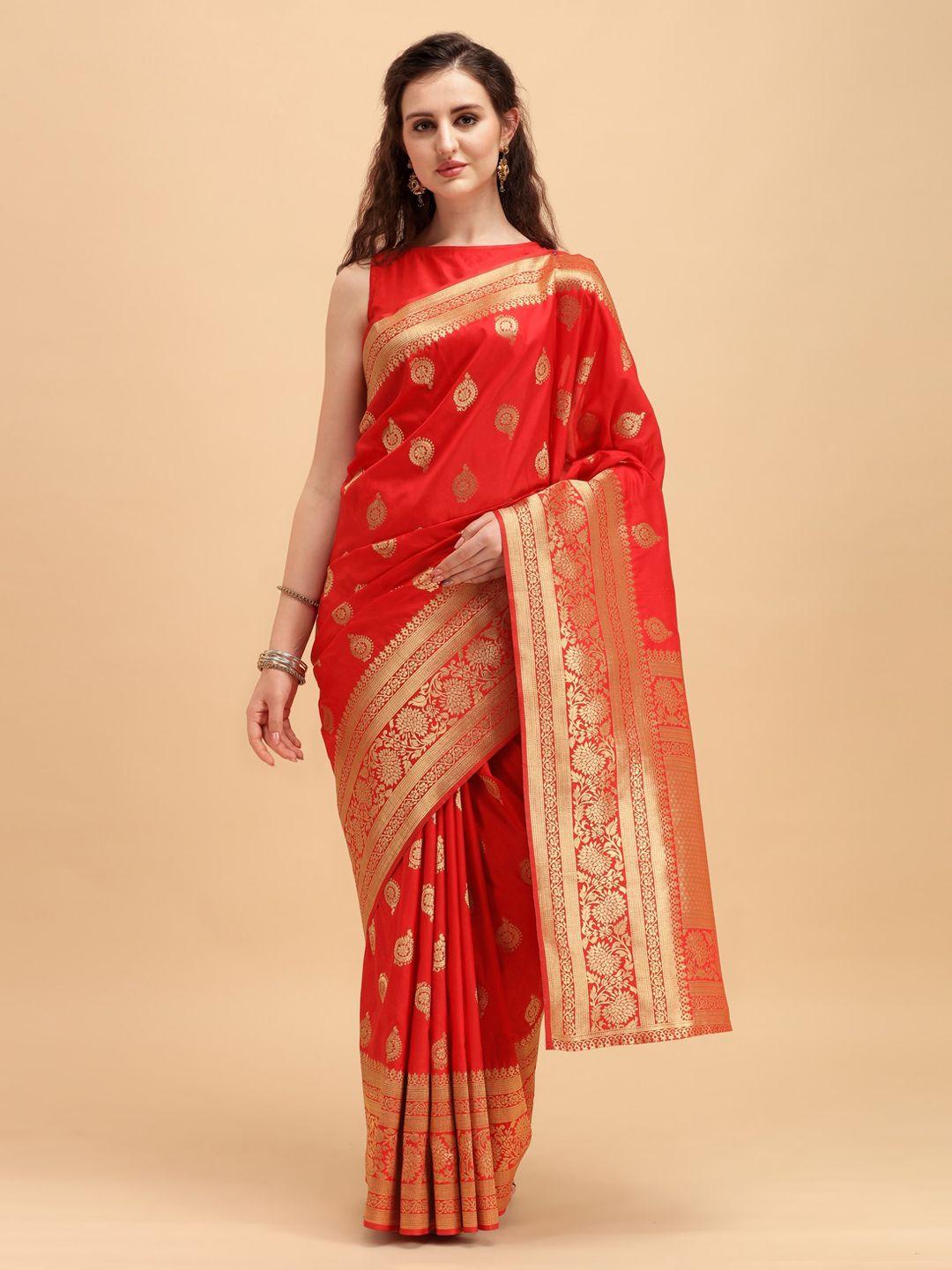 house of pataudi red & golden ethnic motifs zari silk blend saree