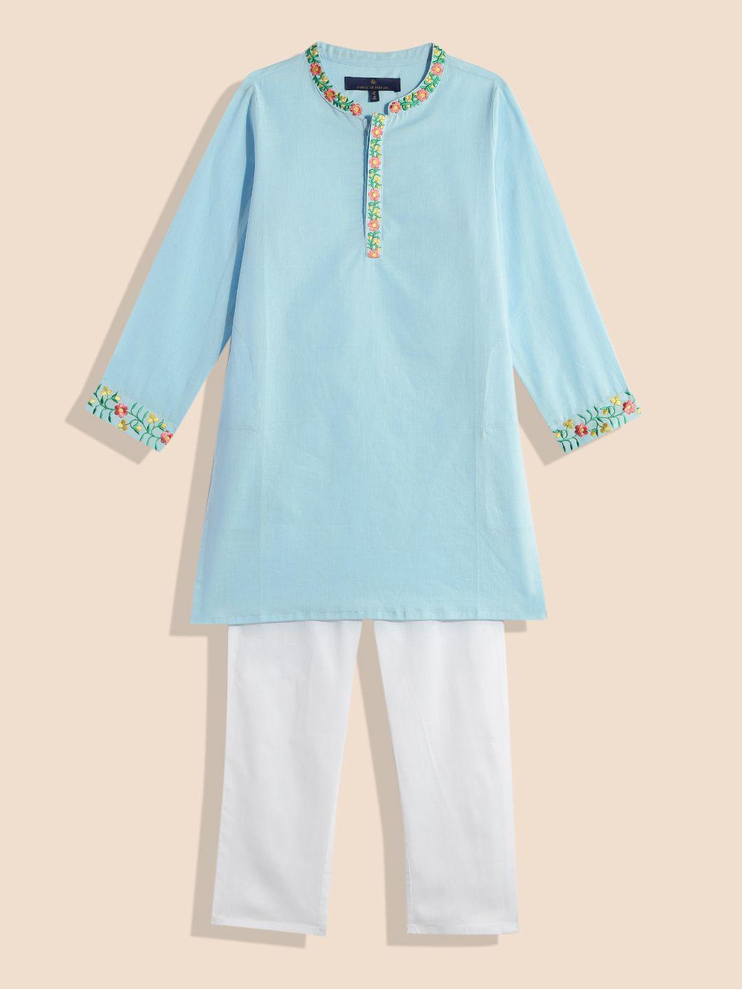 house of pataudi rozana boys floral placement embroidered pure cotton kurta & trousers