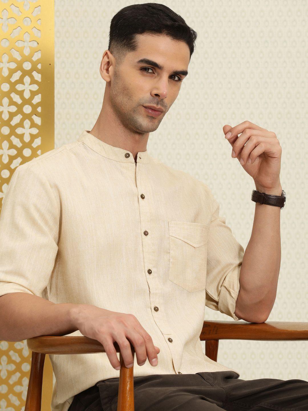 house of pataudi rozana textured band collar roll-up sleeves casual shirt
