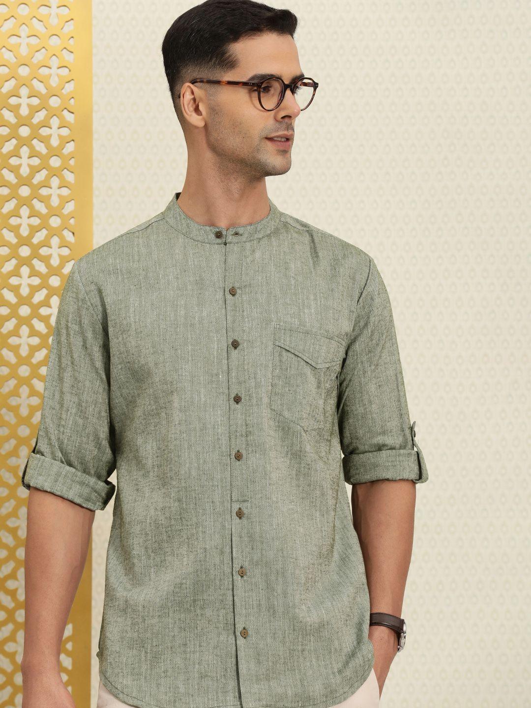 house of pataudi rozana textured band collar roll-up sleeves casual shirt