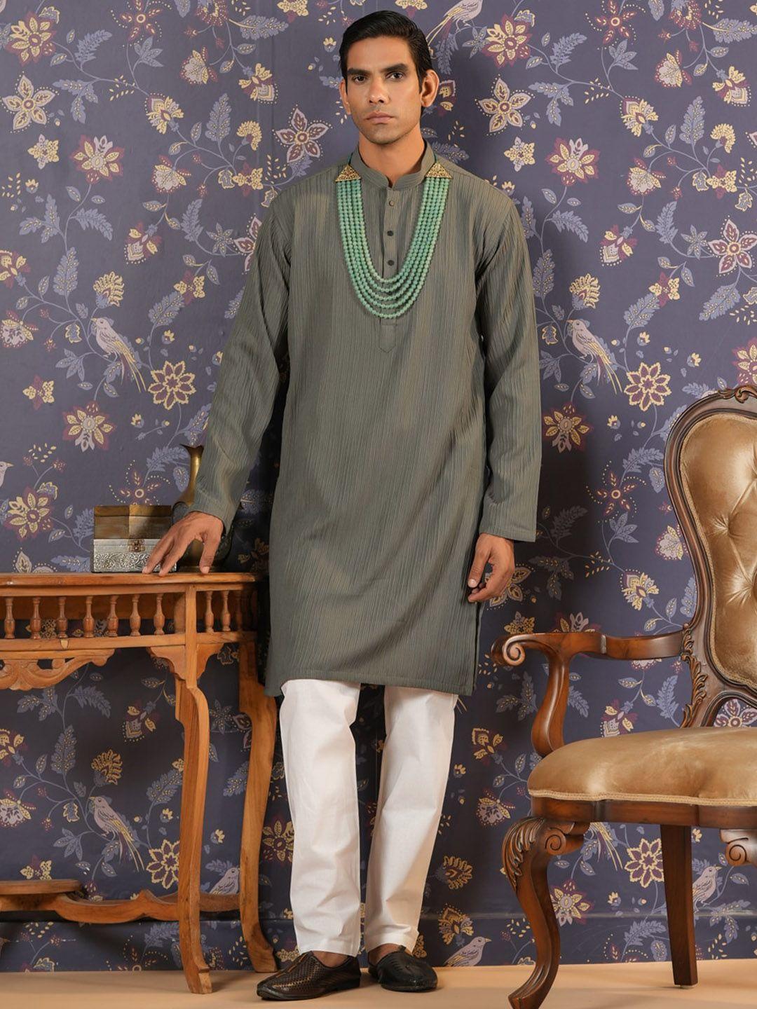 house of pataudi self design mandarin collar straight kurta with pyjama