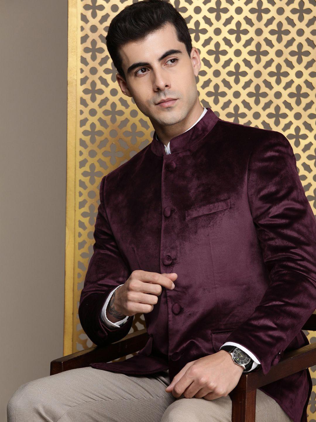 house of pataudi solid mandarin collar bandhgala jashn blazers