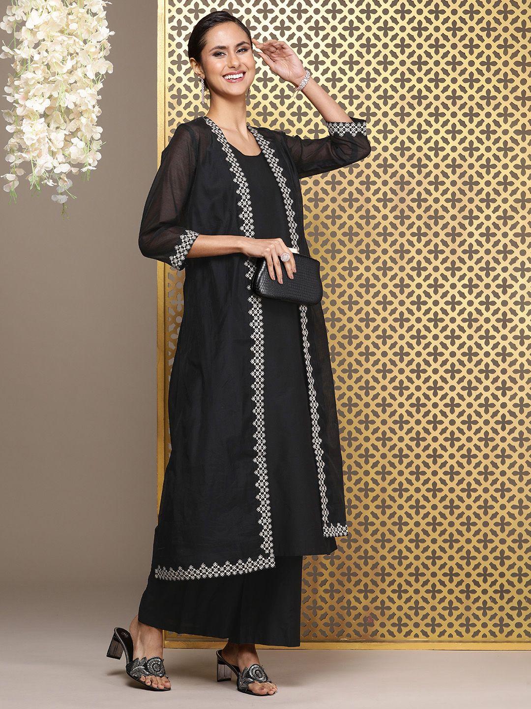 house of pataudi solid sleeveless regular jashn kurta with palazzos & jacket