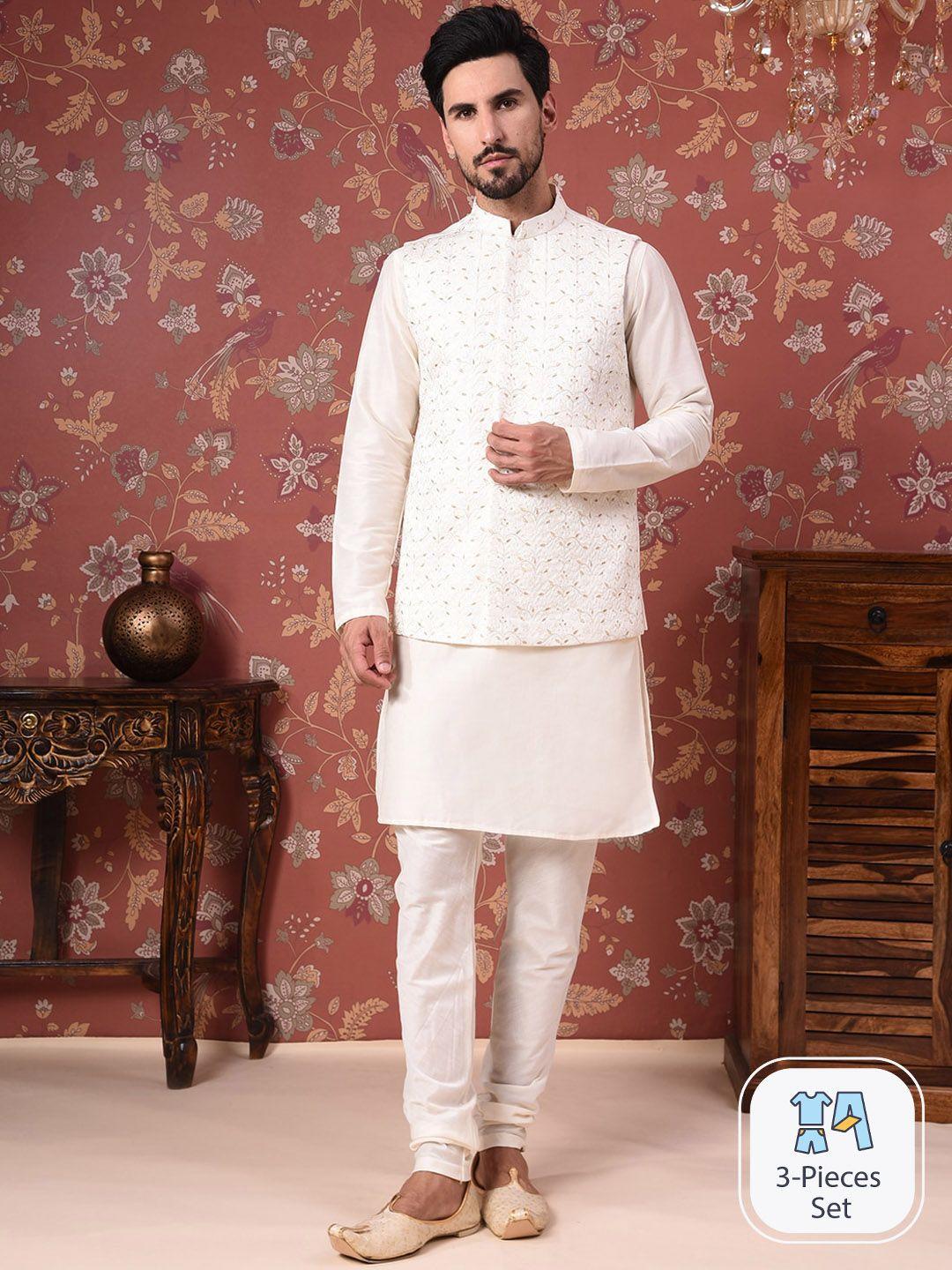 house of pataudi straight kurta with churidar & embroidered nehru jacket