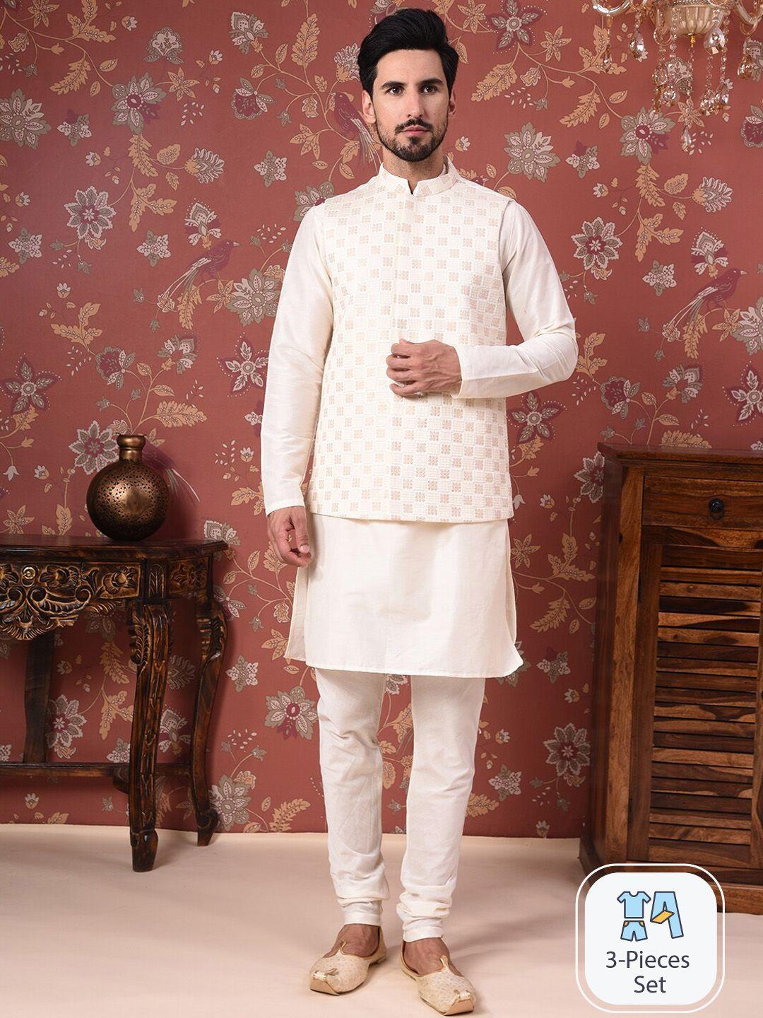 house of pataudi straight kurta with churidar & embroidered nehru jacket