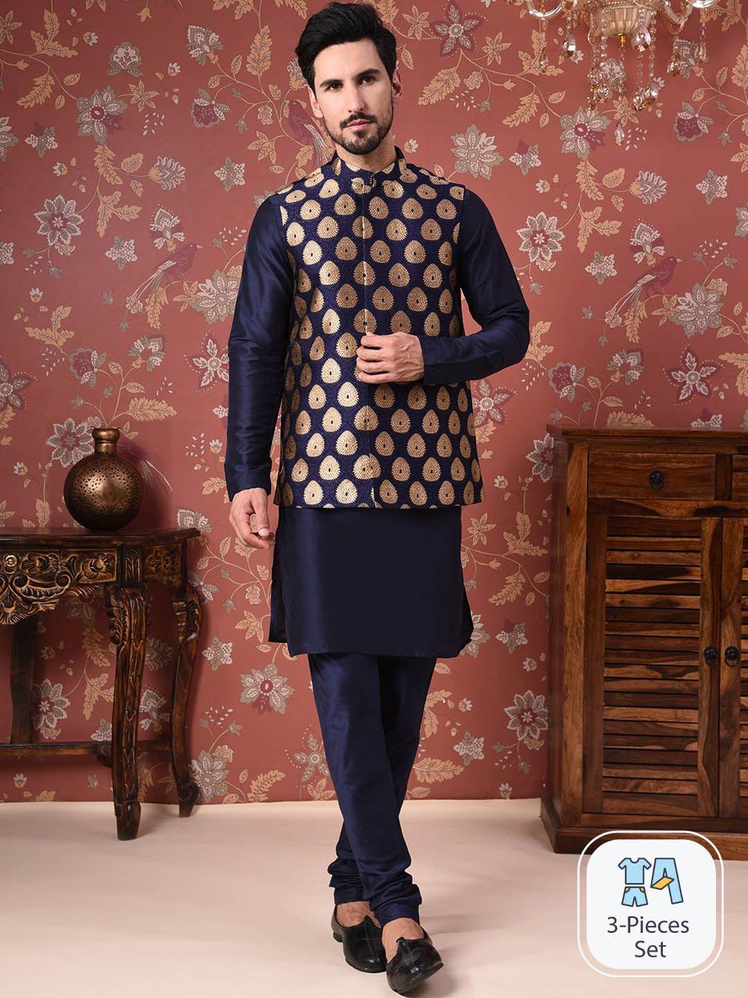 house of pataudi straight kurta with churidar & nehru jacket