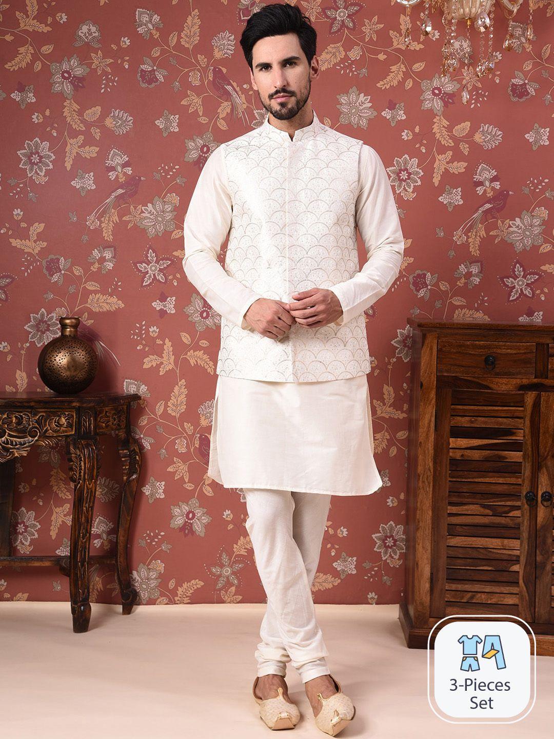 house of pataudi straight kurta with churidar & nehru jacket