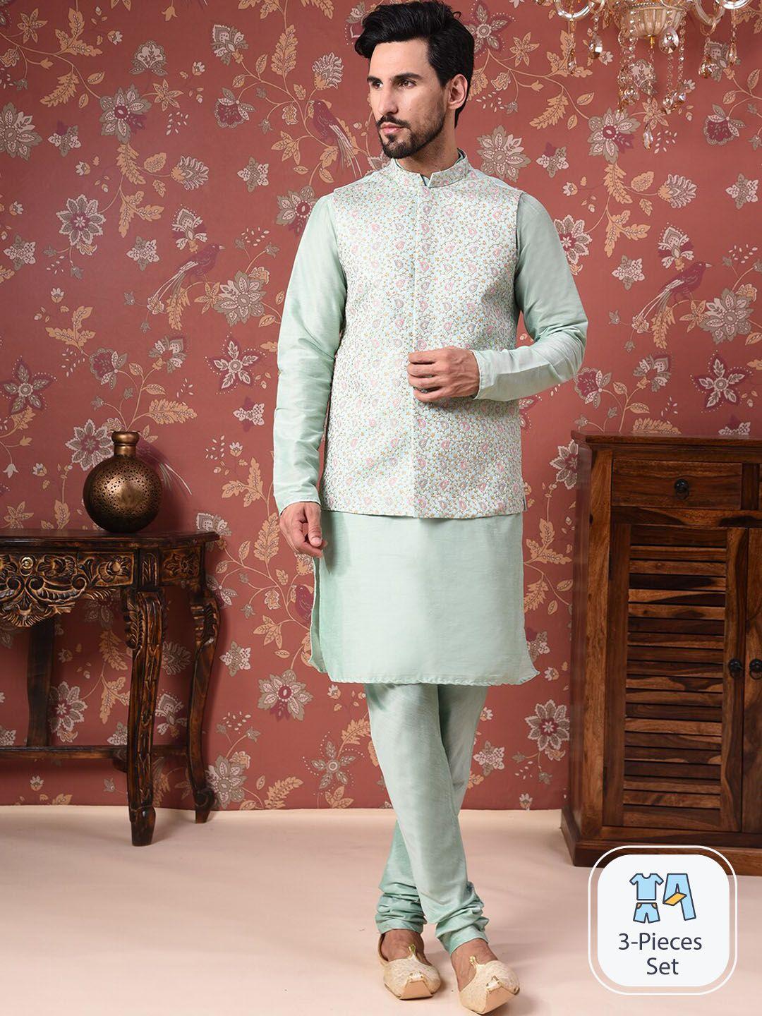 house of pataudi straight kurta with churidar & nehru jacket