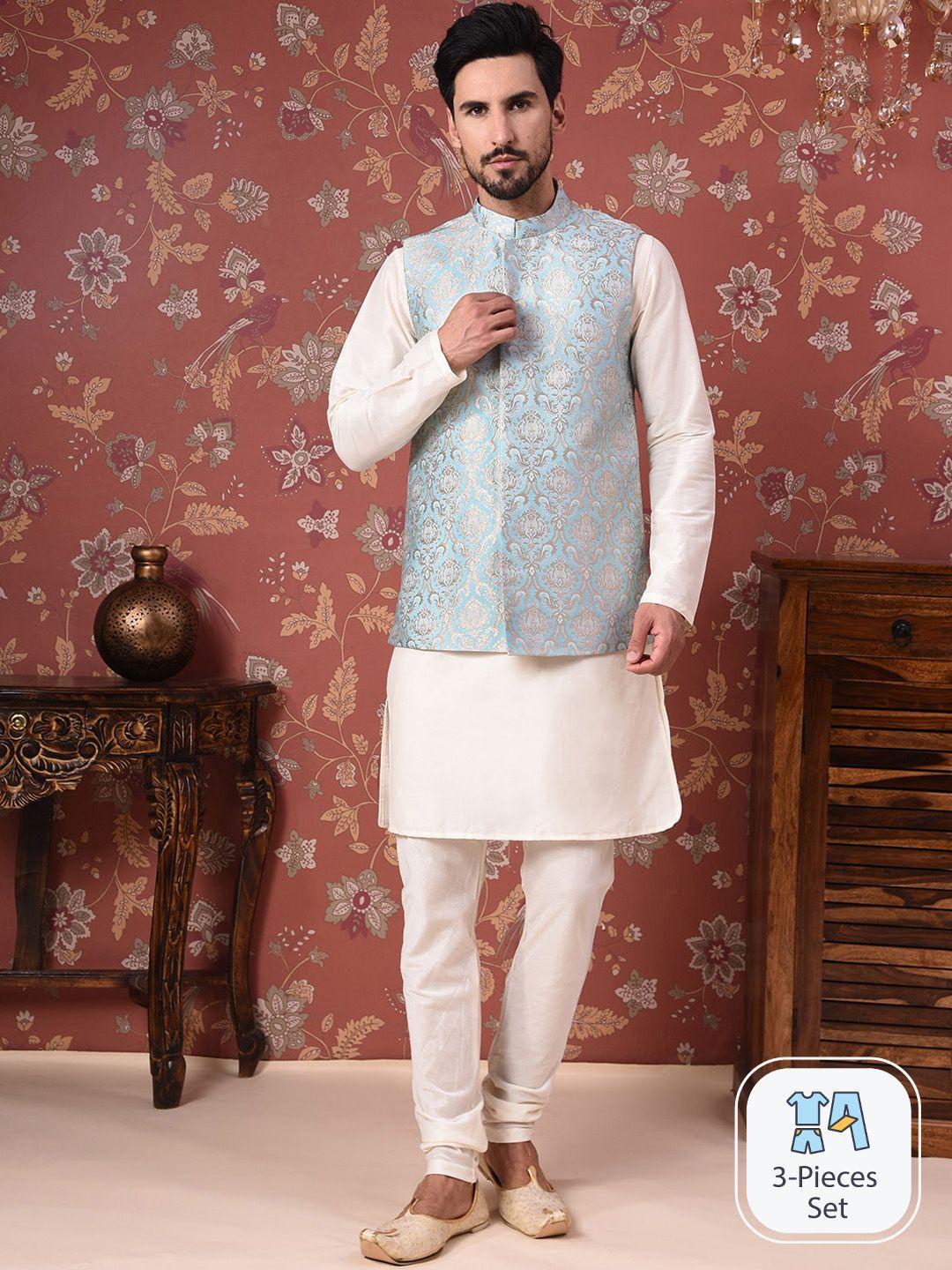 house of pataudi straight kurta with churidar & nehru jacket