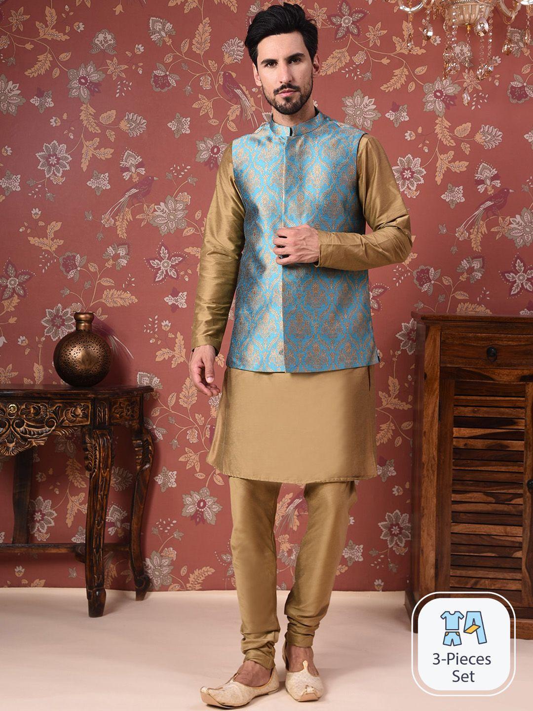 house of pataudi straight kurta with churidar & woven design nehru jacket