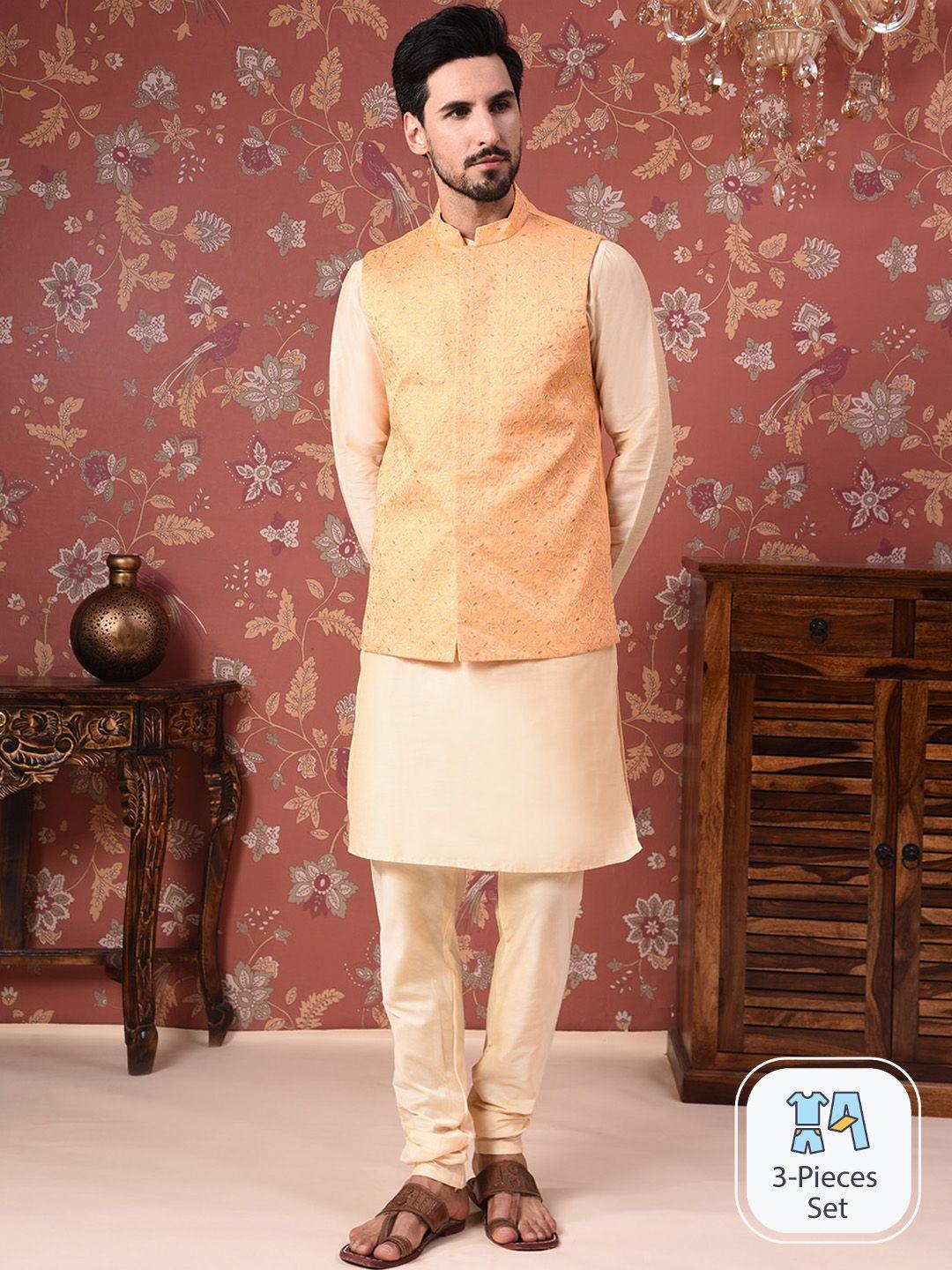 house of pataudi straight kurta with churidar & woven design nehru jacket