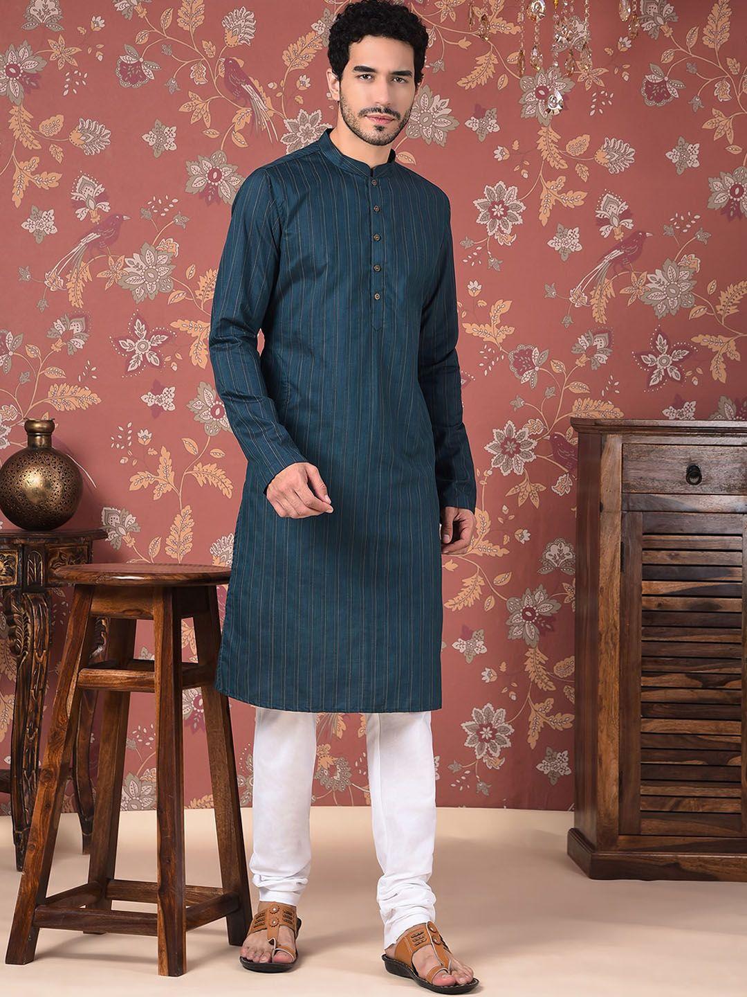 house of pataudi striped mandarin collar jacquard kurta with churidar