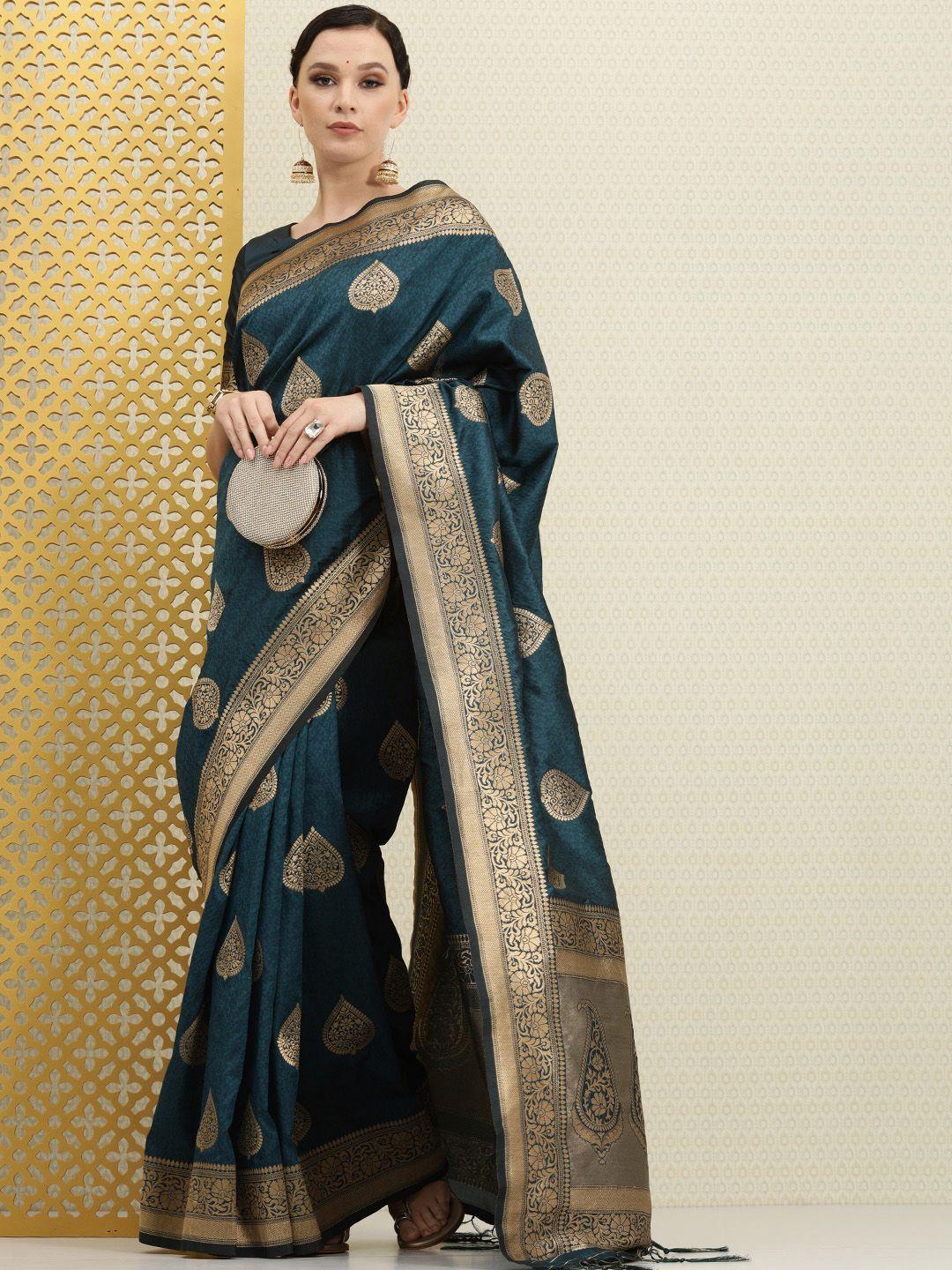 house of pataudi teal & gold-toned ethnic motifs zari silk blend banarasi saree