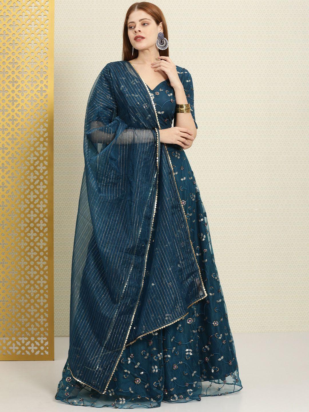 house of pataudi teal embroidered sequinned semi-stitched lehenga & unstitched blouse with dupatta