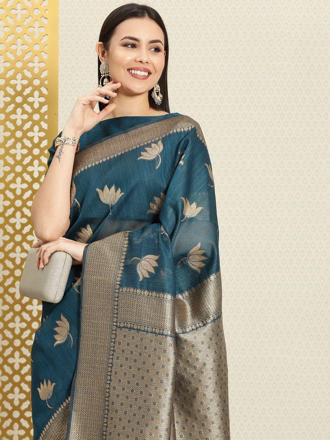 house of pataudi teal green & golden floral zari woven banarasi saree