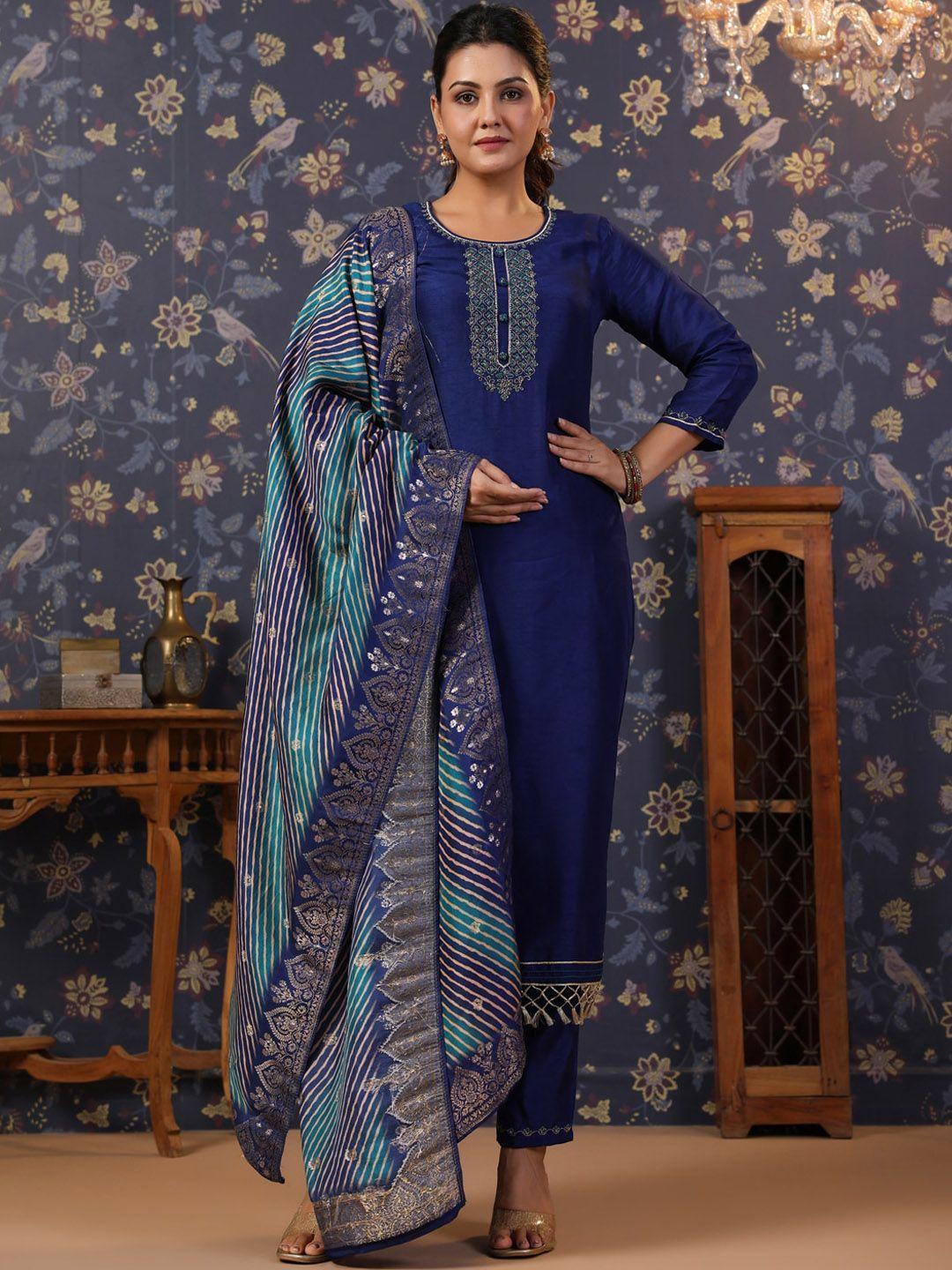 house of pataudi thread work detailed straight pure silk kurta & churidar with dupatta