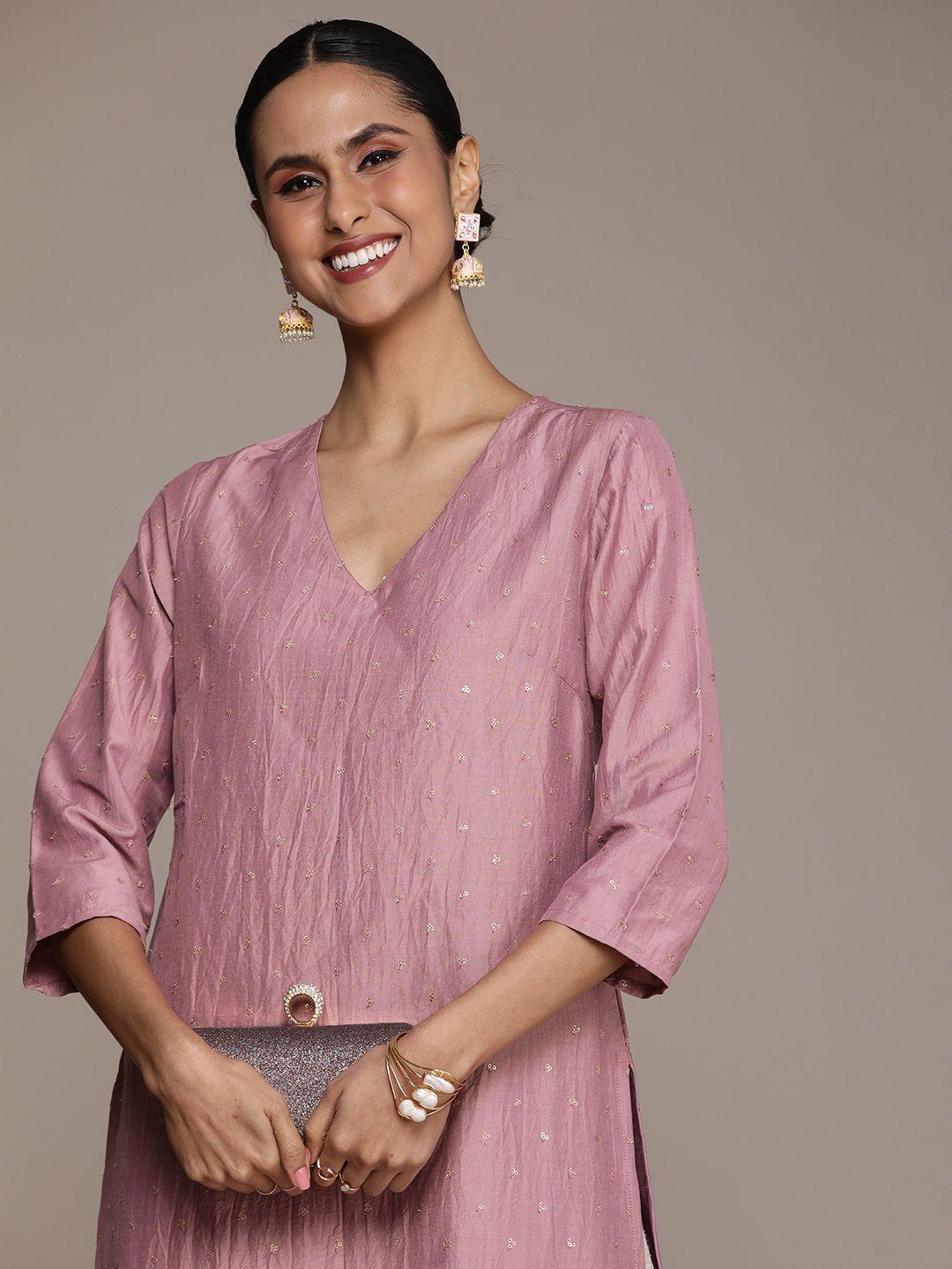 house of pataudi v-neck embellished sequinned straight jashn kurta