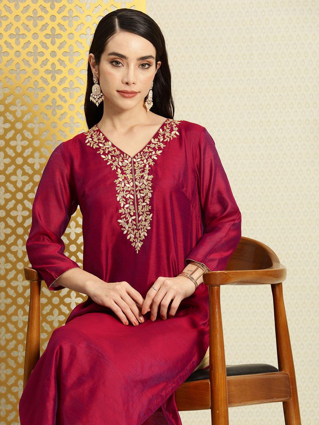 house of pataudi v-neck ethnic motifs zari embroidered straight jashn kurta