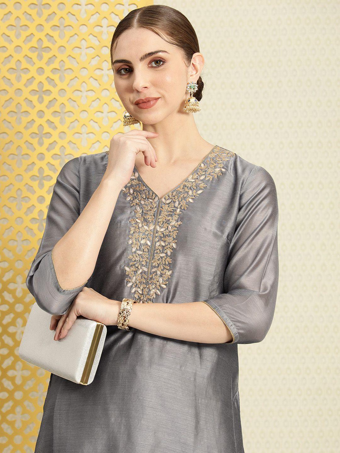 house of pataudi v-neck ethnic motifs zari embroidered straight jashn kurta