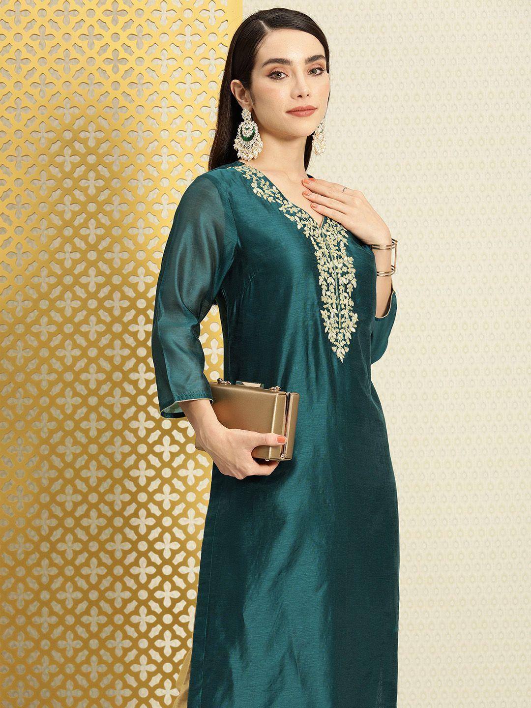 house of pataudi v-neck ethnic motifs zari embroidered straight jashn kurta