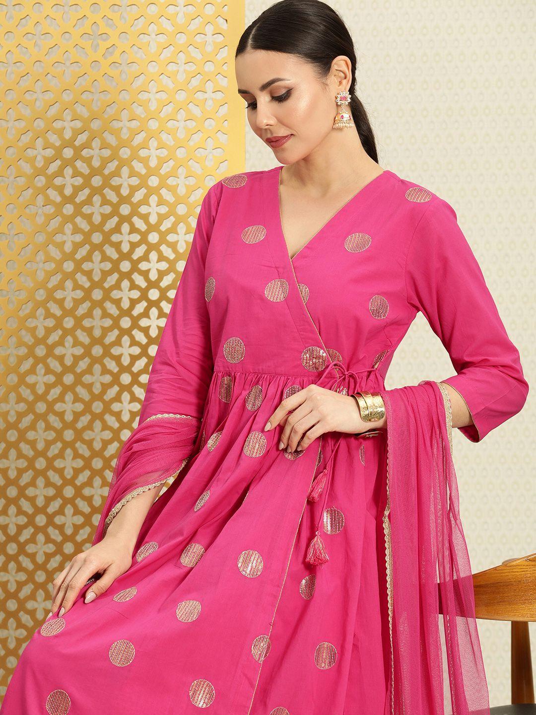 house of pataudi women angrakha sequinned pure cotton jashn kurta with skirt & dupatta