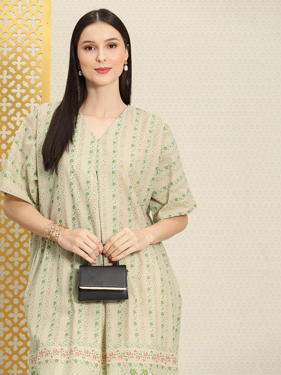 house of pataudi women beige ethnic motifs printed pure cotton rozana a-line kurta