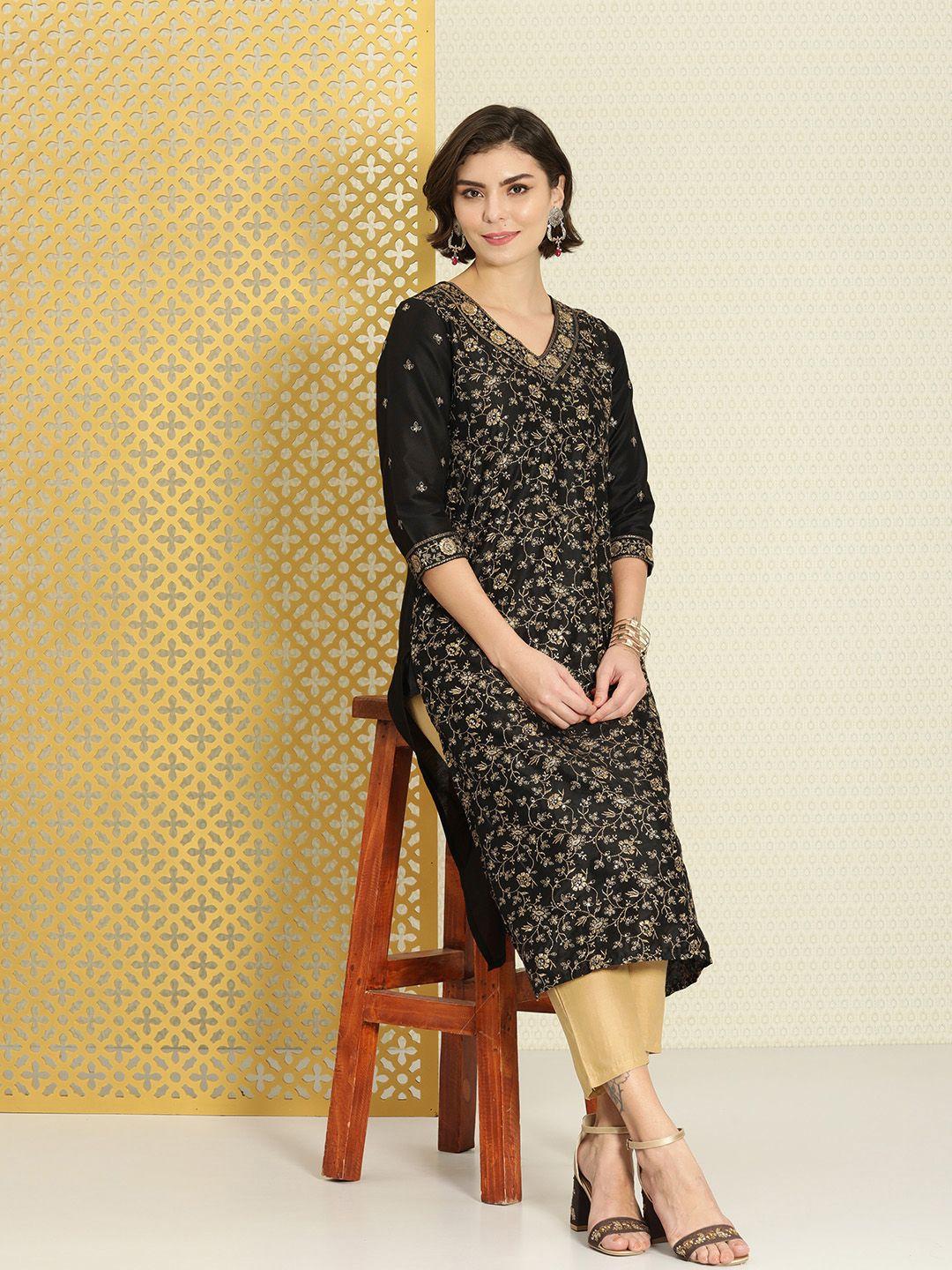 house of pataudi women black & gold-toned embroidered thread work jashn kurta