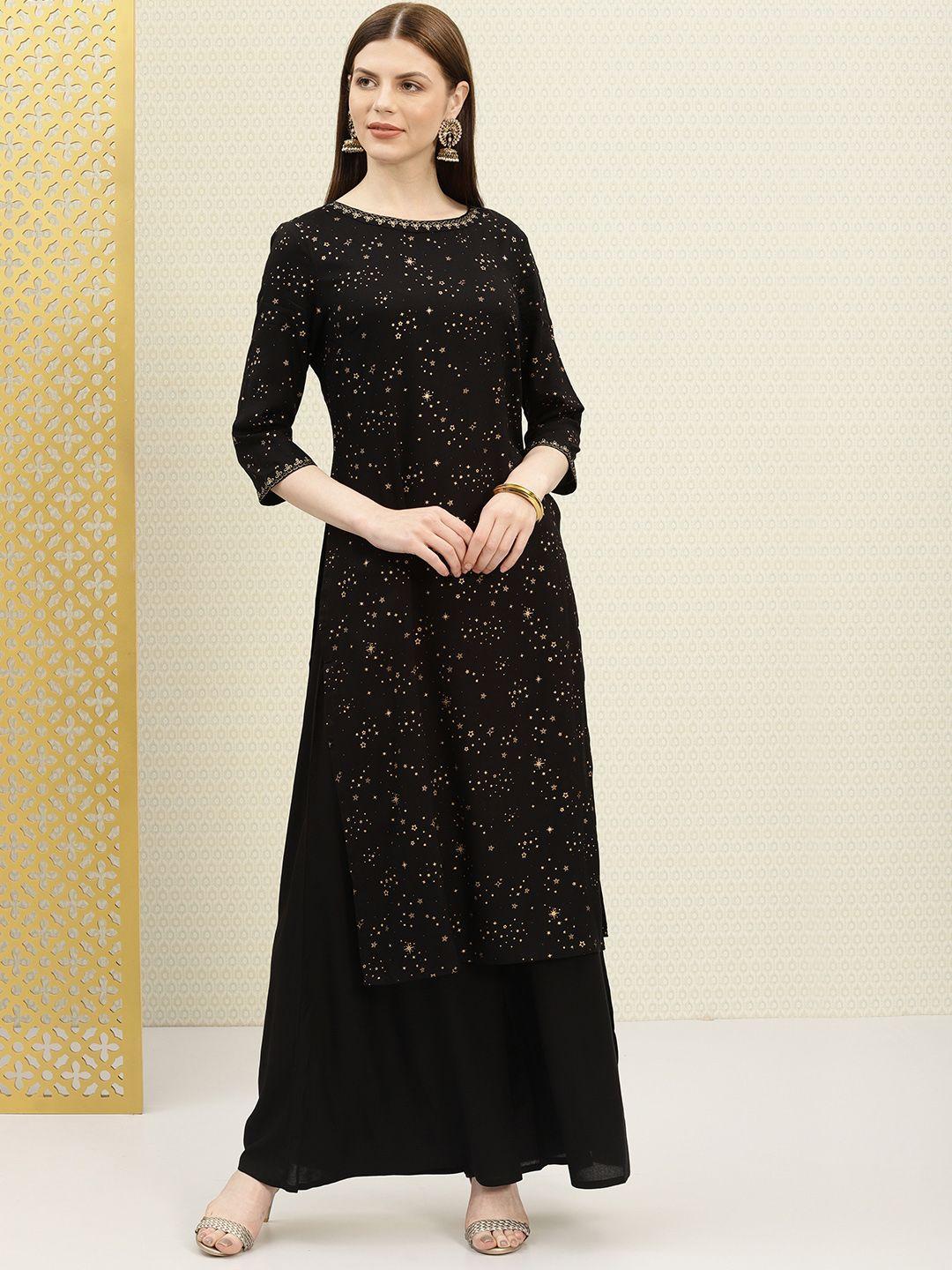 house of pataudi women black & gold-toned printed kurta with palazzos