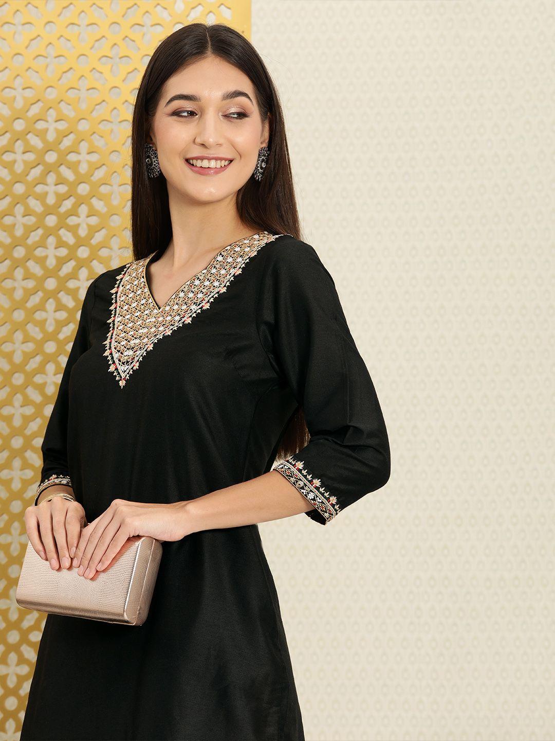 house of pataudi women black ethnic motifs embroidered jashn kurta