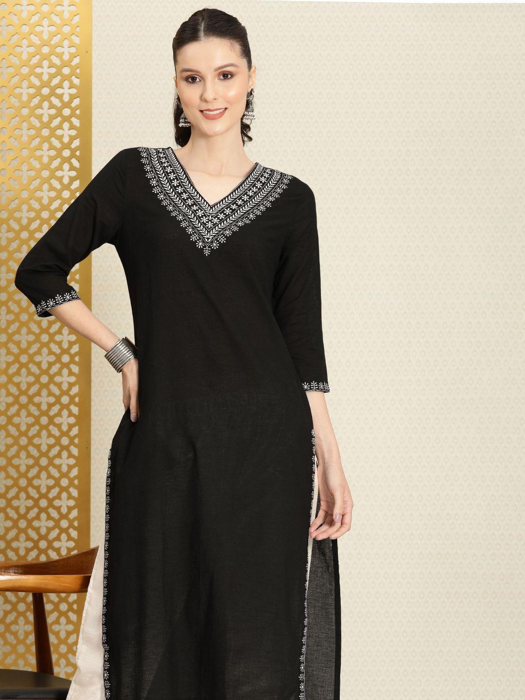 house of pataudi women black floral embroidered thread work jashn kurta