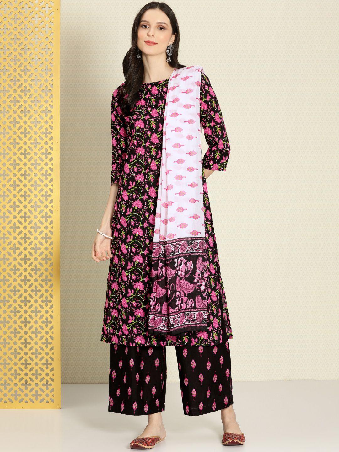 house of pataudi women black floral printed pure cotton rozana kurta set