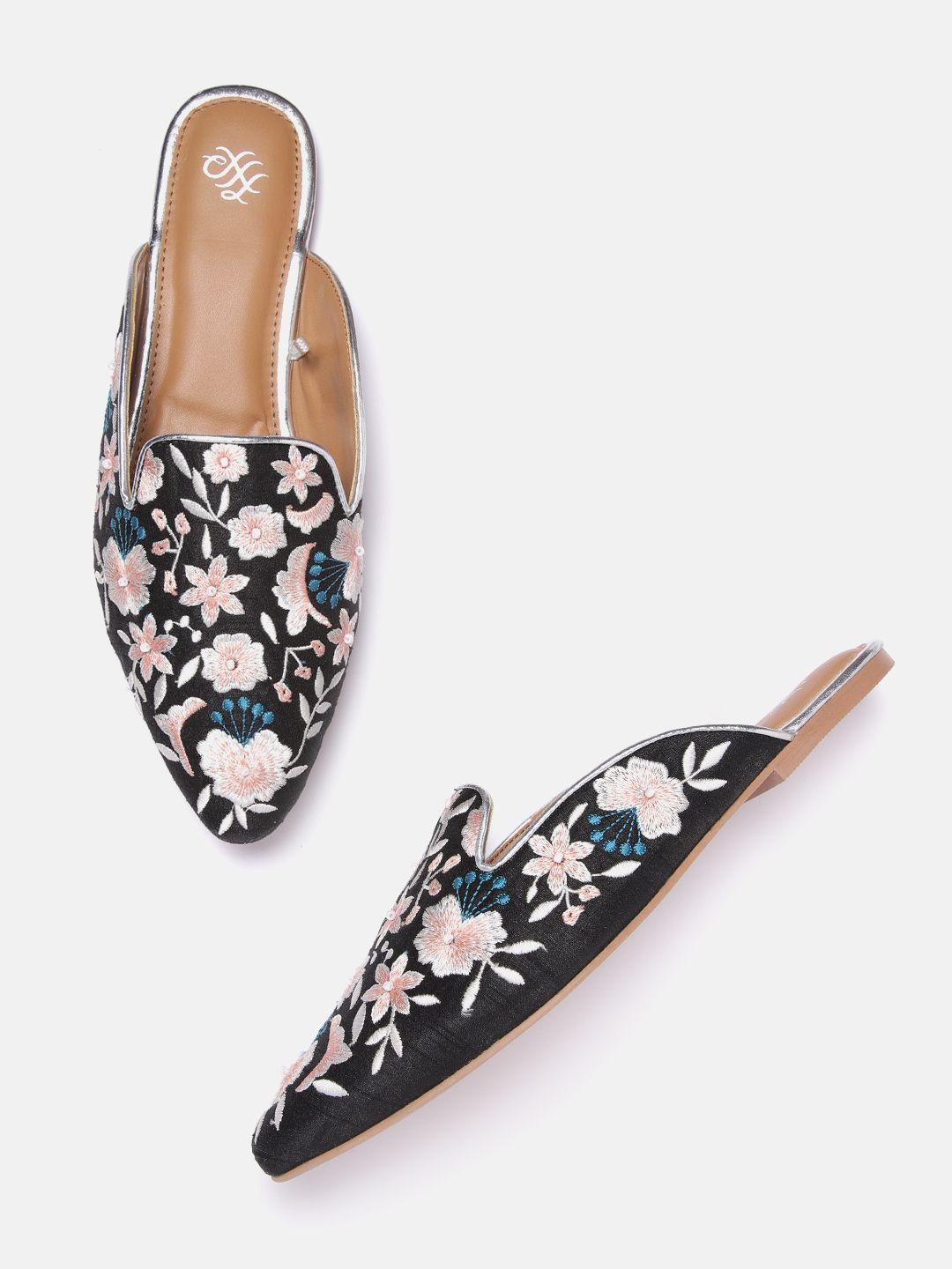 house of pataudi women black floral woven design ethnic mules with beaded detail