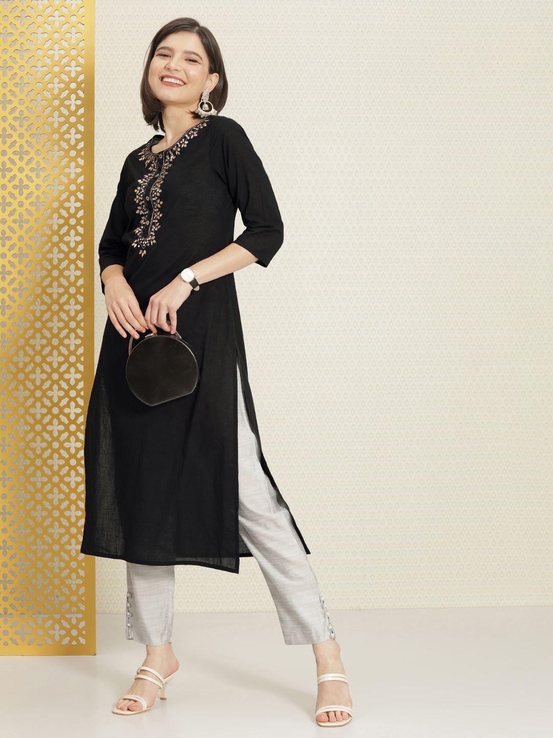 house of pataudi women black woven design pure cotton rozana straight kurta