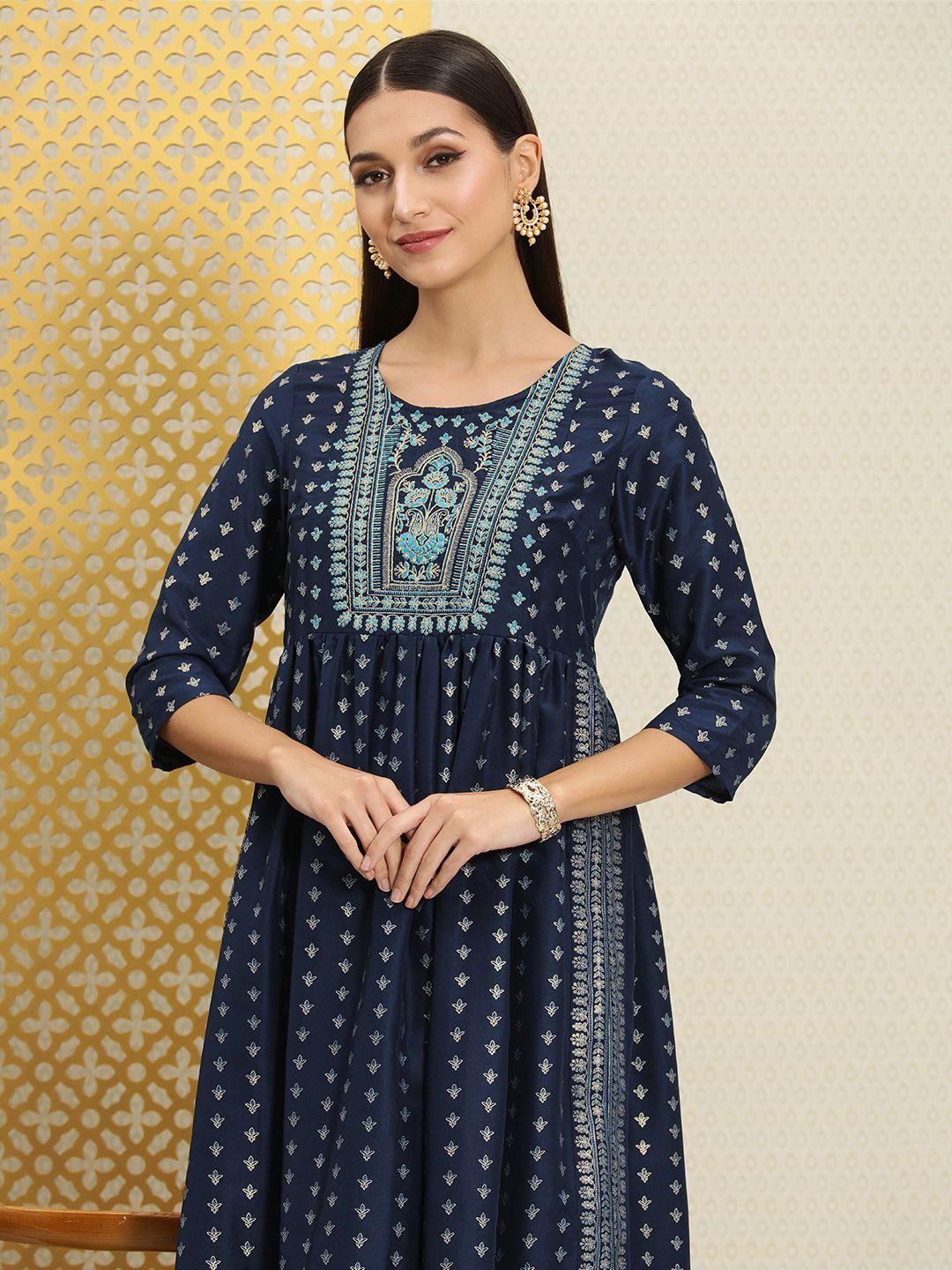 house of pataudi women blue & gold-toned embroidered thread work kurta with trousers