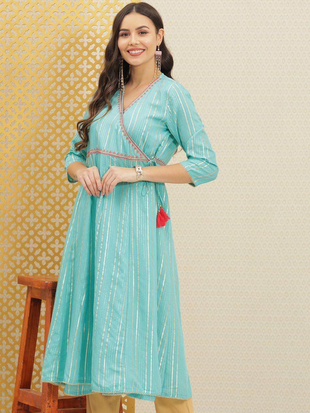 house of pataudi women blue & gold-toned striped angrakha kurta