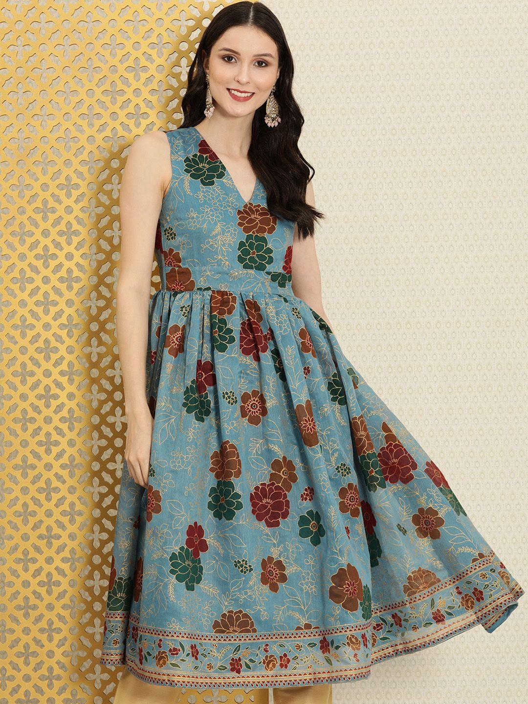 house of pataudi women blue & maroon floral printed jashn anarkali kurta