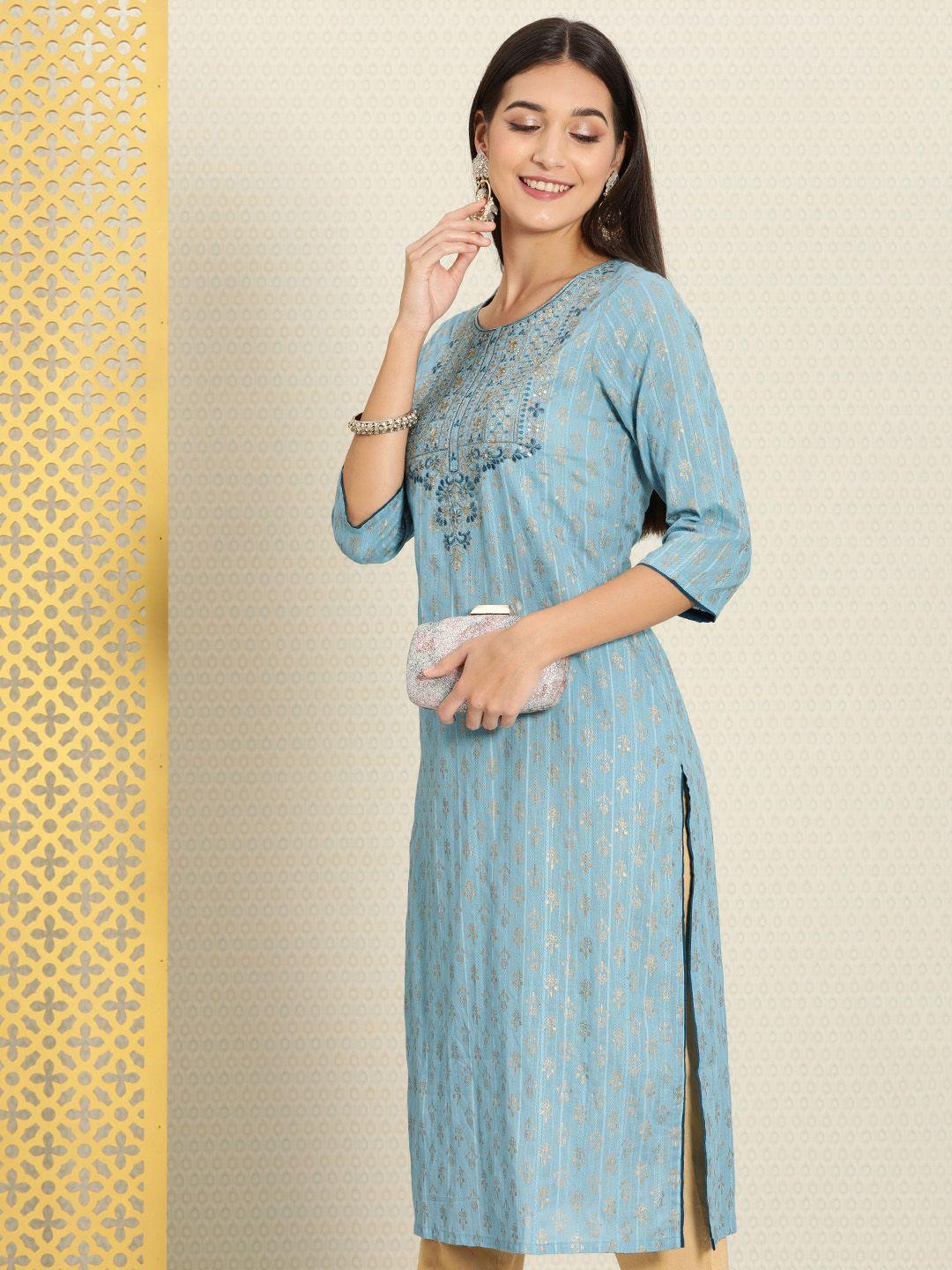 house of pataudi women blue & mustard yellow floral embroidered pure cotton rozana kurta