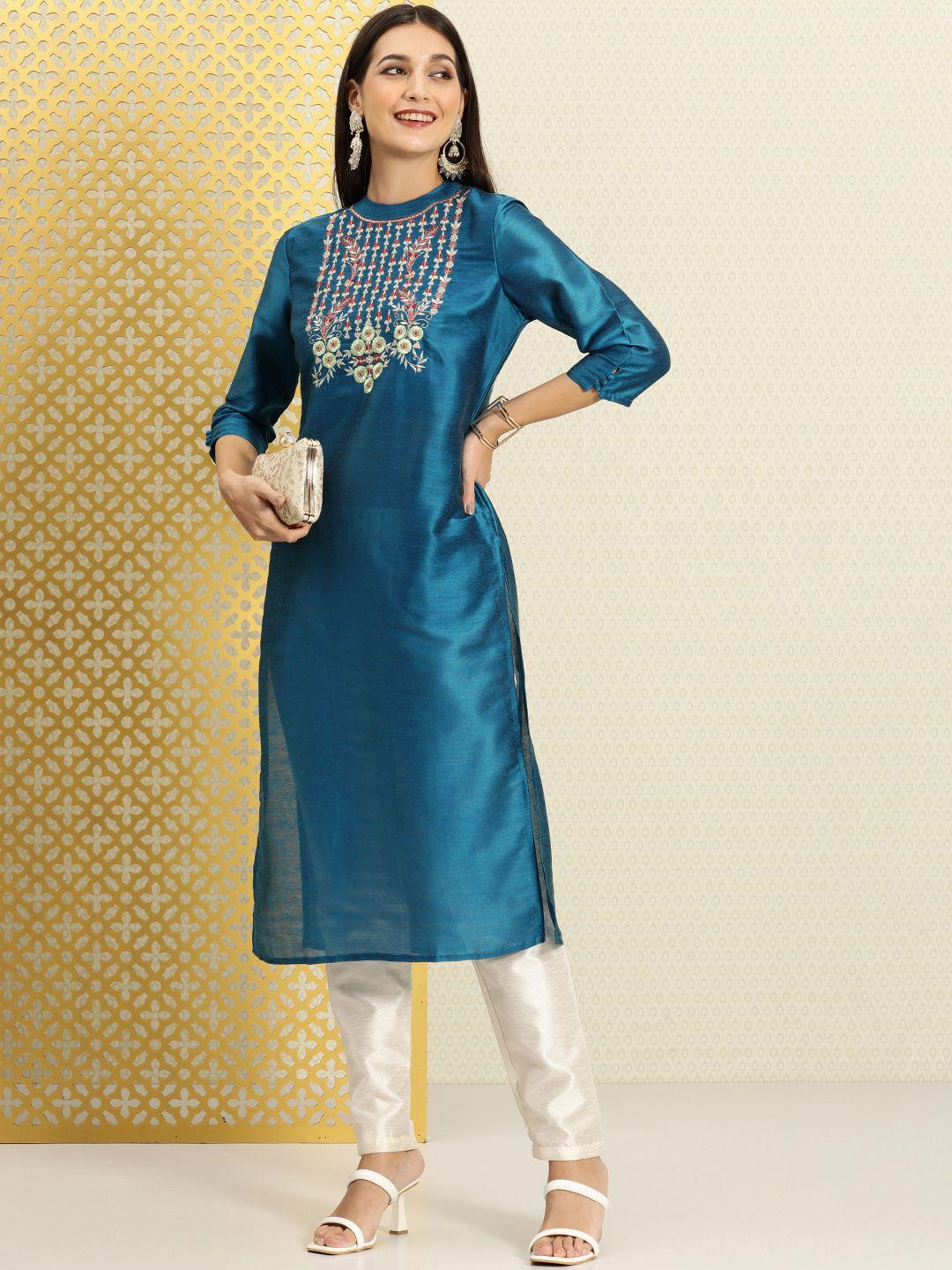 house of pataudi women blue ethnic motifs embroidered indigo jashn kurta