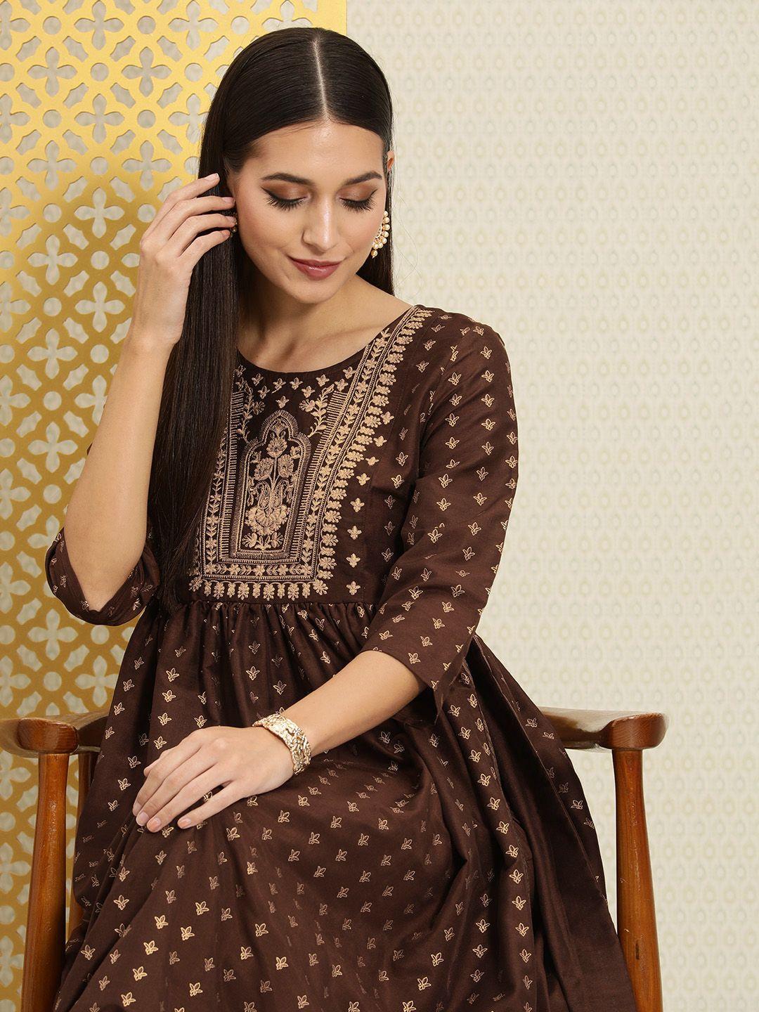 house of pataudi women brown & gold-toned embroidered high slit thread work kurta set