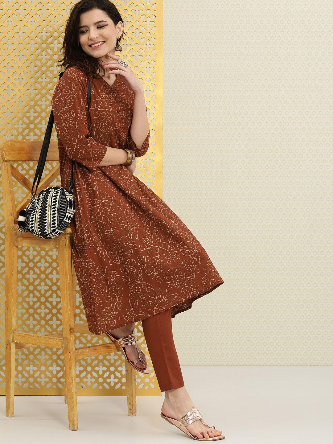 house of pataudi women brown ethnic motifs printed rozana pure cotton kurta with trousers