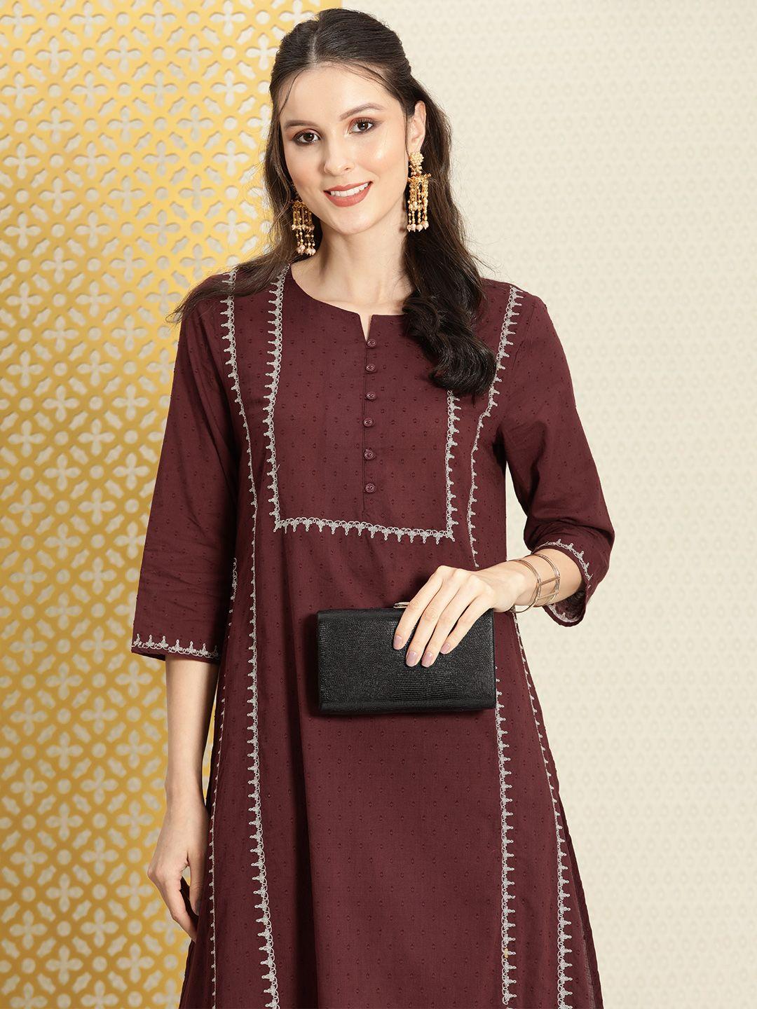 house of pataudi women brown jashn embroidered thread work pure cotton kurta with trousers