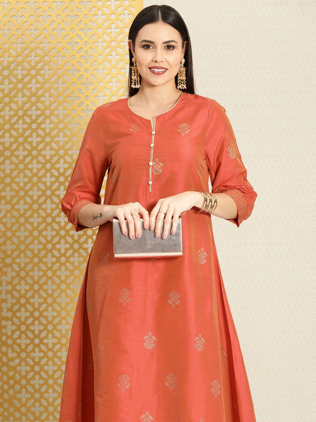 house of pataudi women coral & gold-toned ethnic motifs printed anarkali kurta