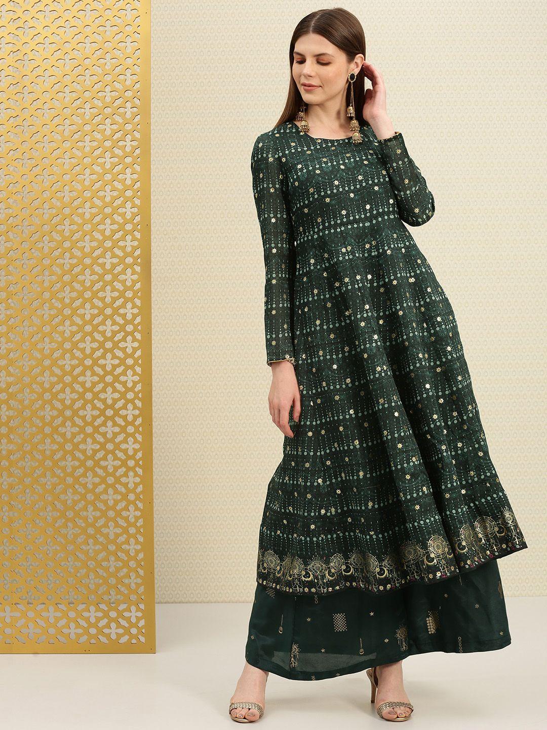 house of pataudi women dark green & gold-toned foil printed a-line kurta