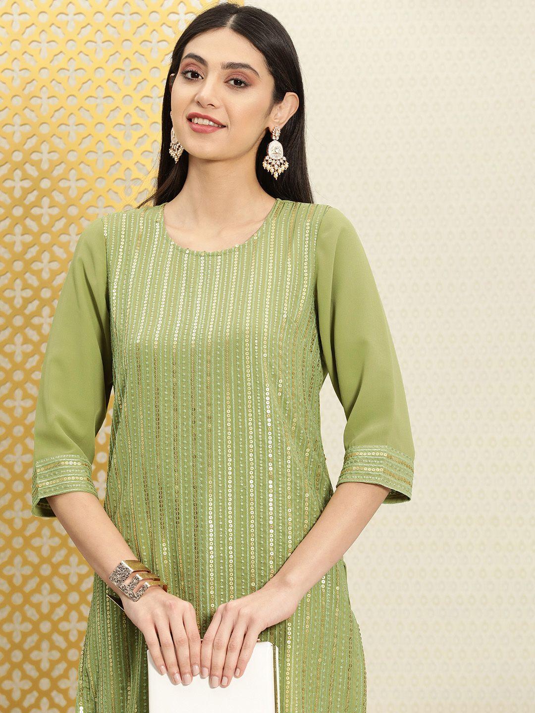 house of pataudi women embellished sequined striped jashn kurta