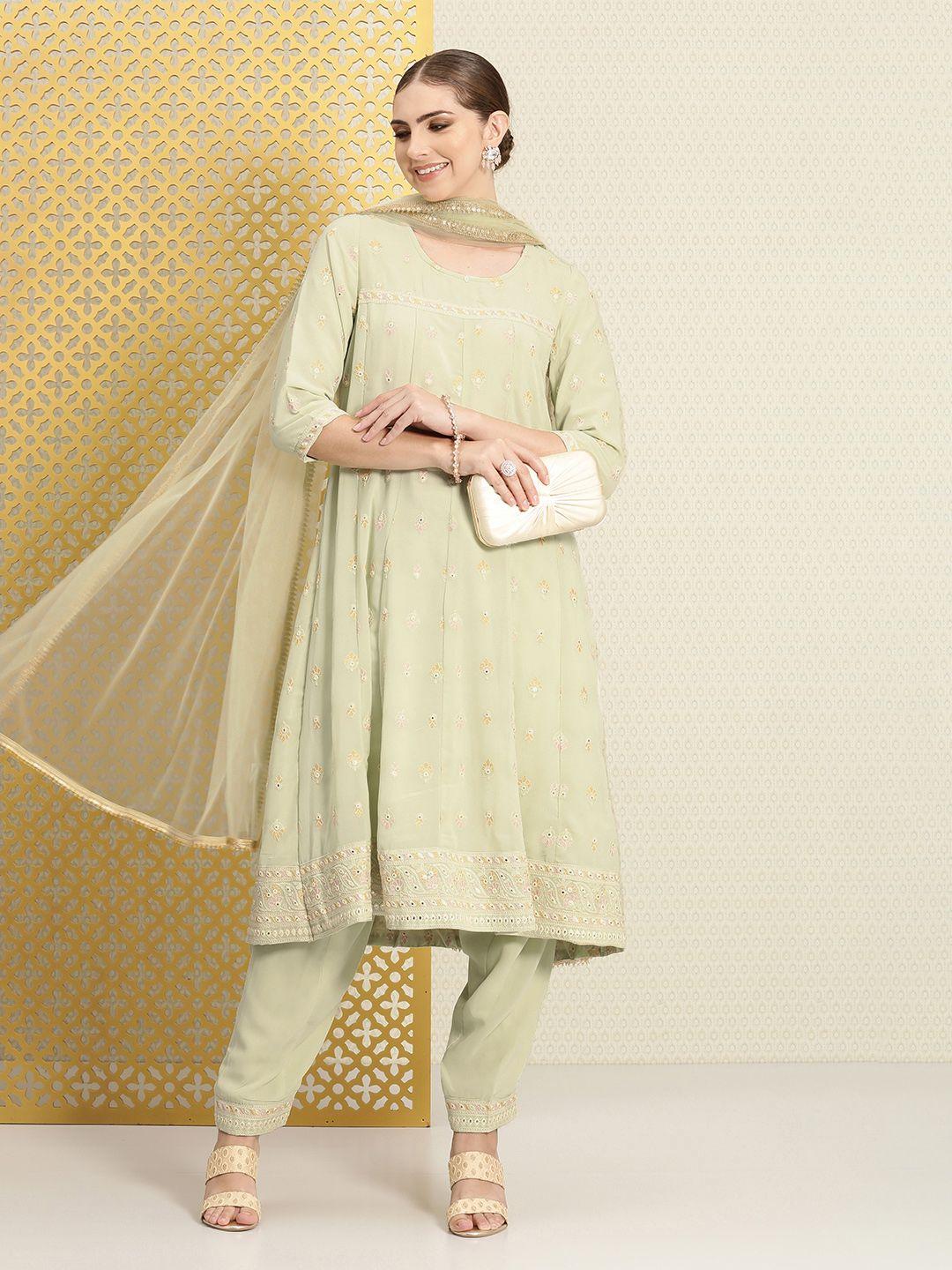 house of pataudi women embroidered mirror work jashn kurta with pyjamas & with dupatta