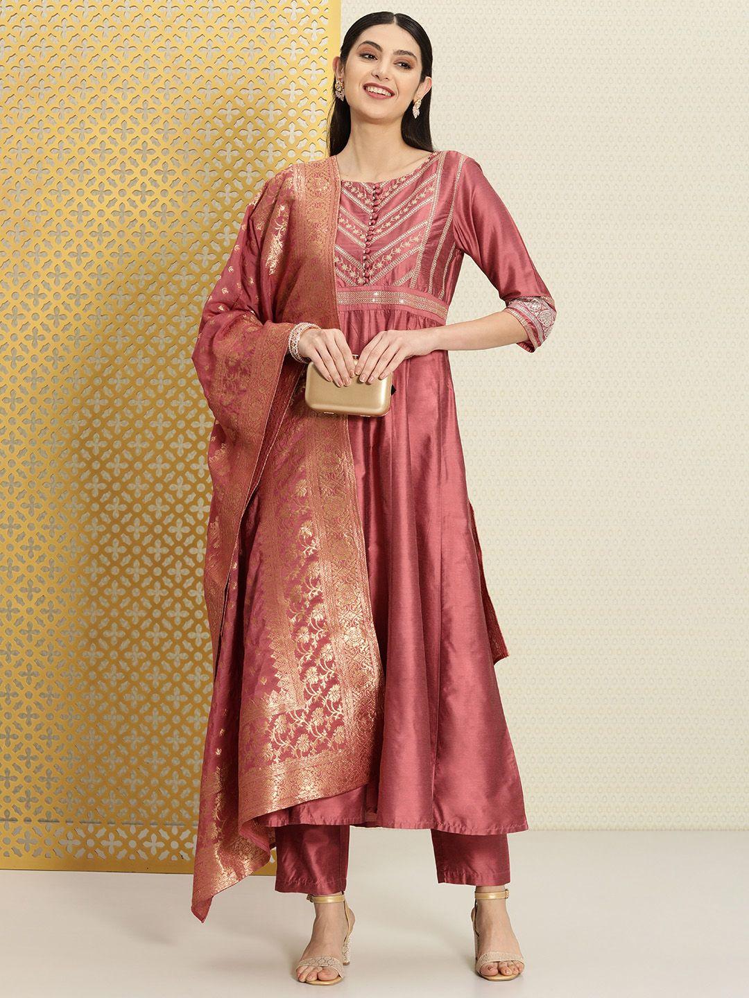 house of pataudi women ethnic motifs yoke design jashn kurta with trousers & dupatta